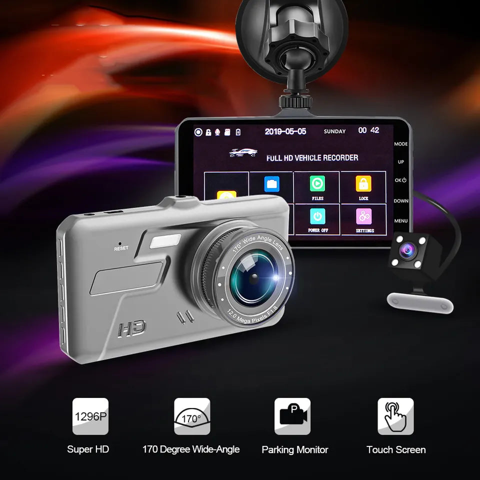 Cámara de vehículo con pantalla táctil para coche, grabador de vídeo con lente Dual HD 1080P