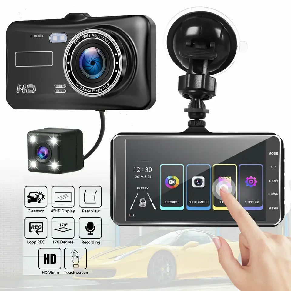 Cámara de vehículo con pantalla táctil para coche, grabador de vídeo con lente Dual HD 1080P
