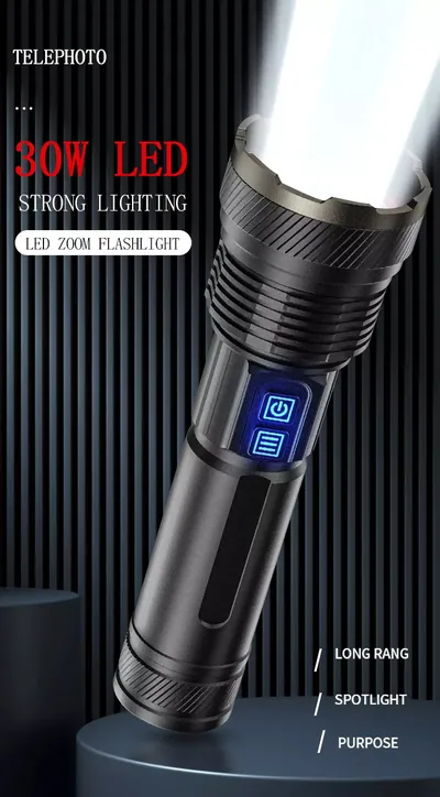 Linterna LED Recargable de 30w con carga USB, 1500 lumines